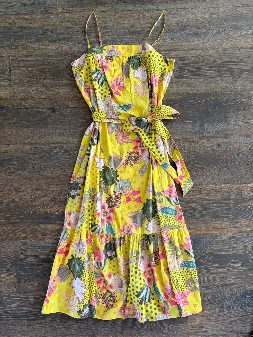 LOFT Yellow Floral Midi Dress with Tie Waist